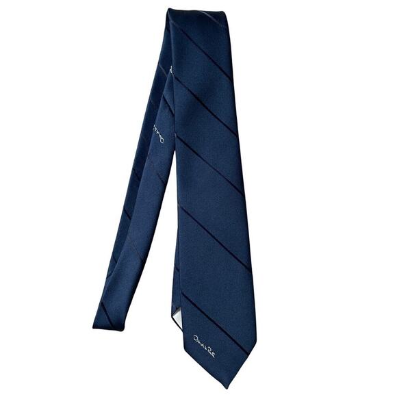 Vintage Oscar de la Renta Slim Navy Striped Tie | 80s 90s Designer Business Rare - Picture 3 of 8